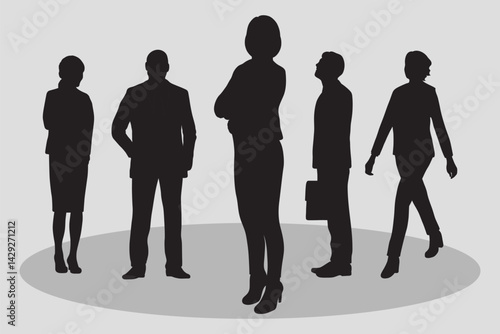 Silhouettes of diverse casual business people standing, walking, men, women full length. Business concept. Black monochrome Vector illustrations isolated on white background.