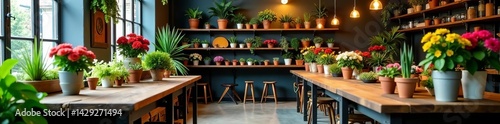 Chic flower shop with industrial fixtures  wooden tables  potted plants  hanging lights  wooden tables  interior  industrial