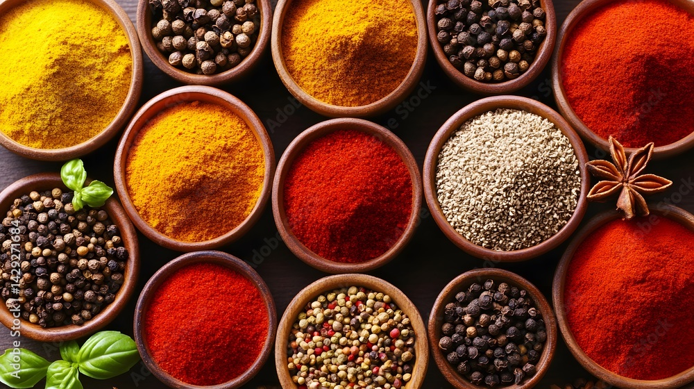 Vibrant Spices Collection in Wooden Bowls Top View Vibrant Spices Collection in Wooden Bowls Top View