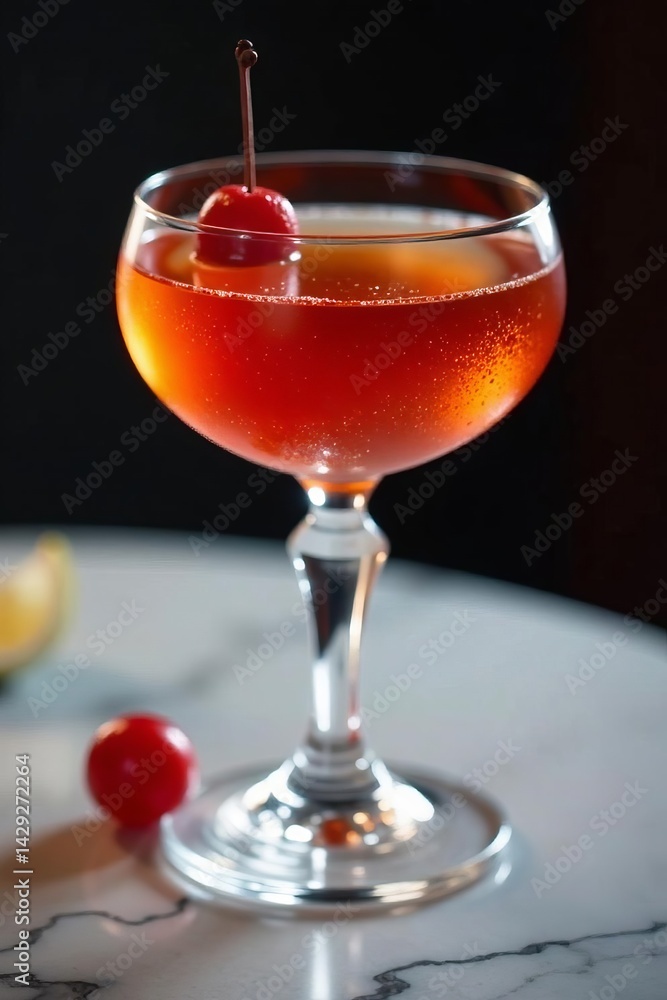 Close-up of a glowing vieux carre cocktail in crystal glass on marble surface, elegant, alcohol, vieux carre Close-up of a glowing vieux carre cocktail in crystal glass on marble surface, elegant, alcohol, vieux carre