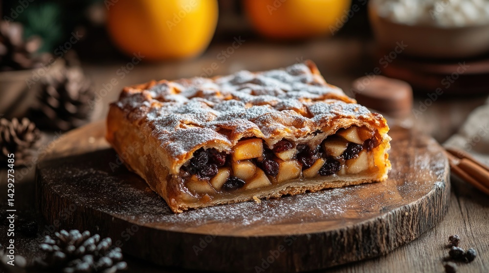 A slice of sweet apple strudel, dusted with powdered sugar, sits on a wooden board. Crisp pastry filled with apples and raisins. Festive autumnal decor A slice of sweet apple strudel, dusted with powdered sugar, sits on a wooden board. Crisp pastry filled with apples and raisins. Festive autumnal decor