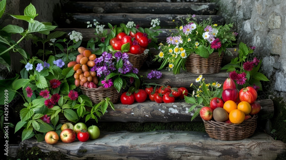 Obraz premium Symbolic representation of harvest baskets overflowing with fruits, vegetables, and floral accents