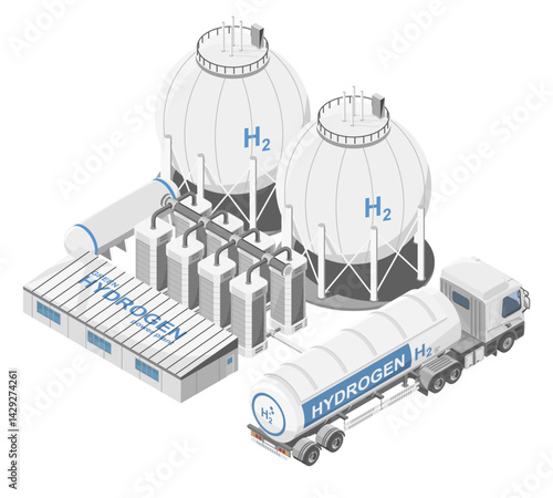 Isometric illustration of a hydrogen production and storage facility with tanker truck representing clean energy infrastructure and sustainable fuel transportation system
