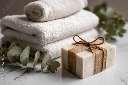Cozy Spa Setup with Plush Towels and Natural Soap Bar Gift