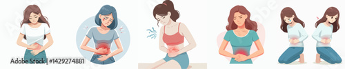 vector set of young woman with stomach ache