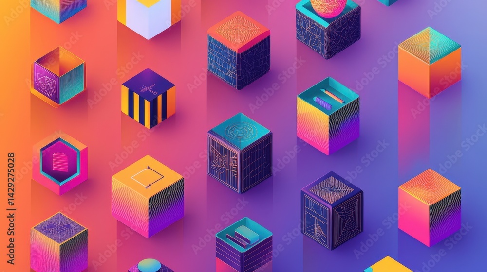 Vibrant isometric cubes with intricate patterns in a colorful gradient background, featuring gold line details and diverse interna