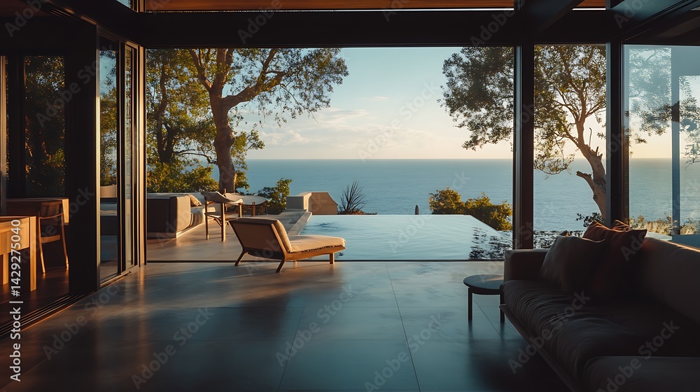 Fototapeta premium Modern coastal home interior showcasing ocean views.