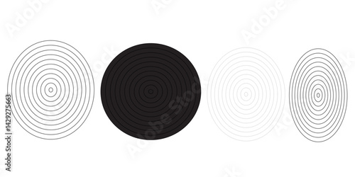 Black concentric circle set. Sonar or sound wave ring collection. Dotted and linear epicentre, target, radar icon concept. Ripple radial signal or vibration elements. Vector line and halftone symbols