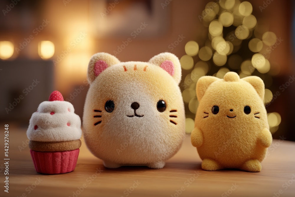 Cute Plush Toys One Cat and One Cupcake on Table with Bokeh Lights