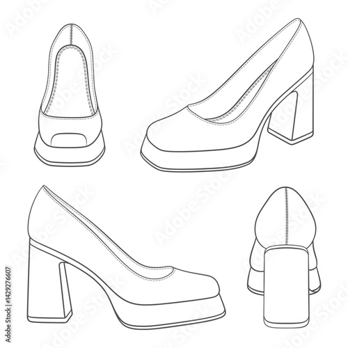 Set of black and white illustrations with women shoes on thick heels. Isolated vector objects on white background.