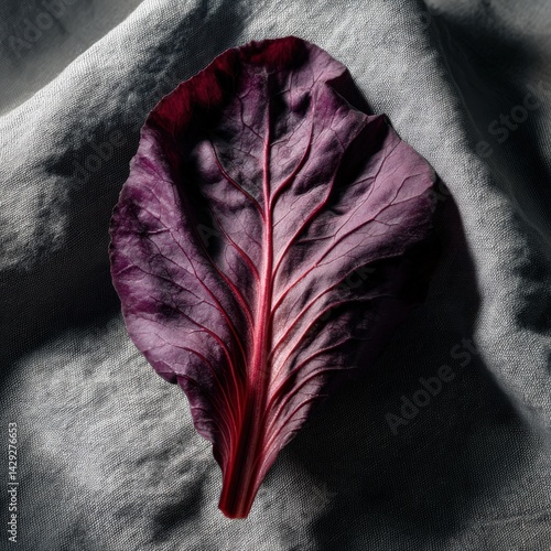 Obraz na płótnie Deep Purple Leaf on Soft Fabric Background for Culinary Art Design w salonie