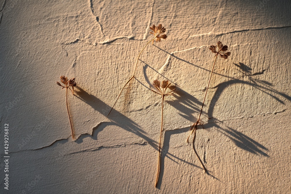 Delicate Dried Plants Casting Shadows on Textured Wall Surface