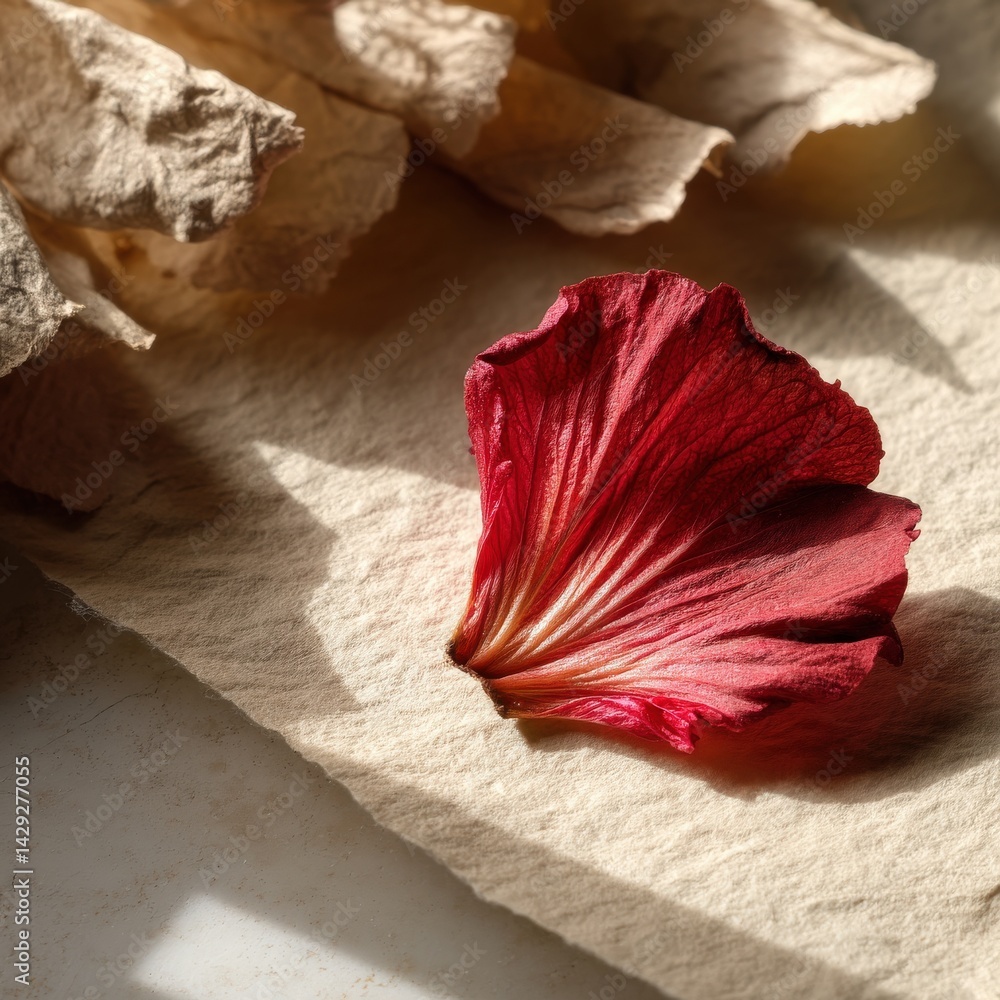 Delicate Red Flower Petal on Light Textured Background in Natural Light