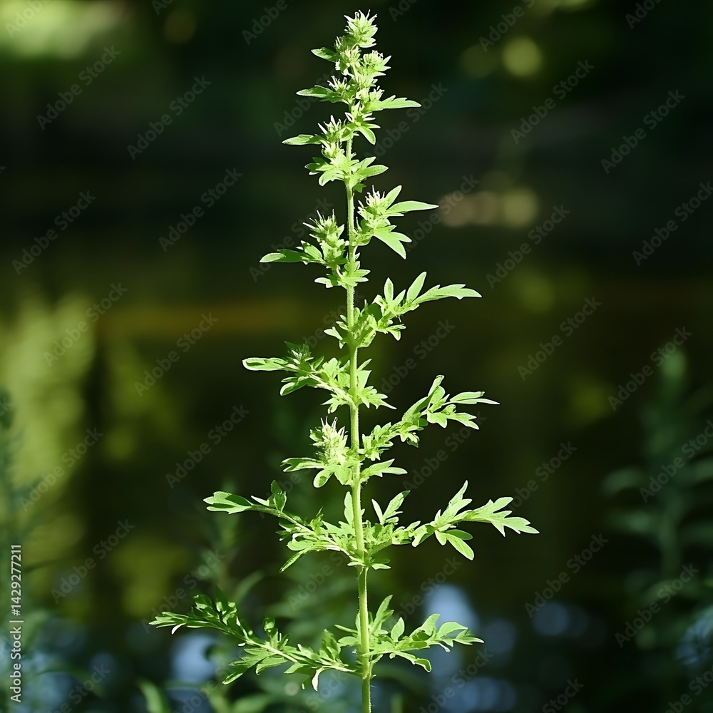 Vibrant Green Plant Stem with Delicate Leaves and Buds Vibrant Green Plant Stem with Delicate Leaves and Buds