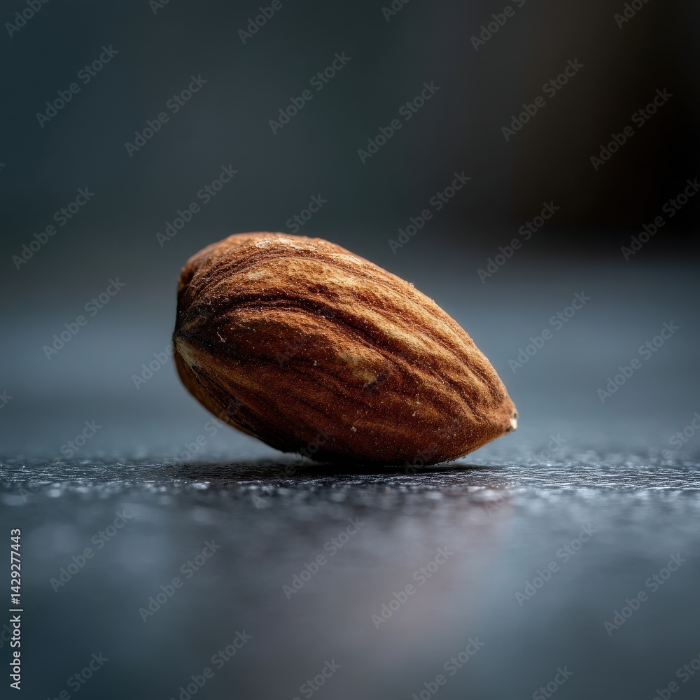 Detailed Close-Up of a Single Brown Almond on Dark Surface