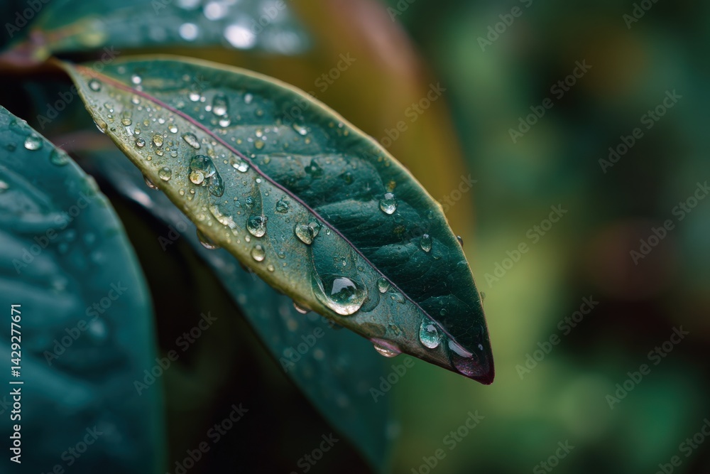 Dewdrops on Green Leaf at Early Morning Light with Soft Background