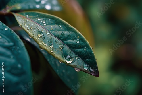 Obraz na płótnie Dewdrops on Green Leaf at Early Morning Light with Soft Background w salonie