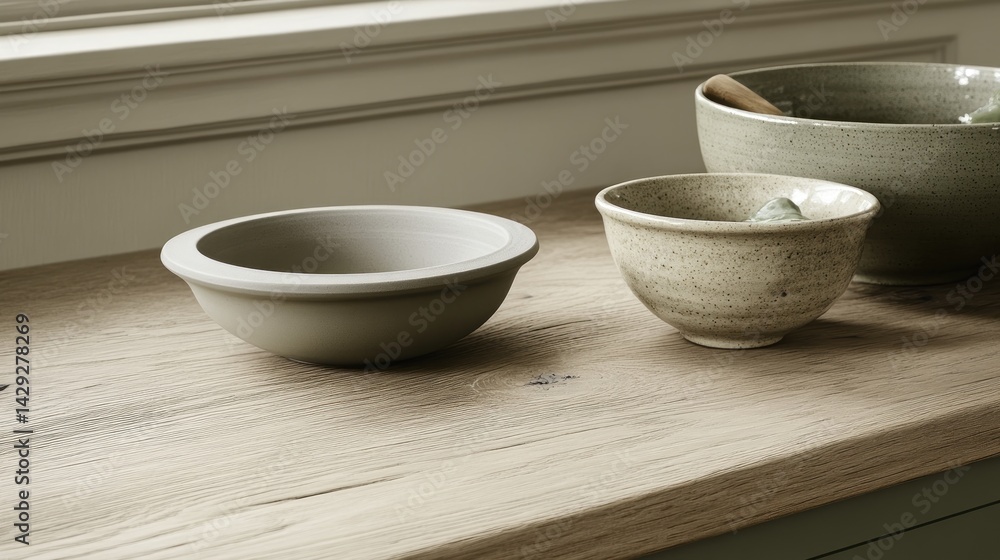 Light gray ceramic bowls on a light oak countertop. Light gray ceramic bowls on a light oak countertop.