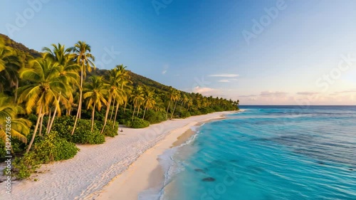 Tropical Paradise: Captivating aerial shot of a pristine sandy beach, lush palm trees, and the crystal-clear turquoise waters of a remote tropical paradise under a clear sky.