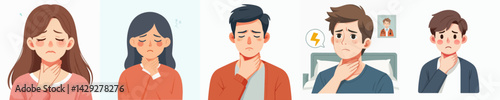 young man with sore throat vector set