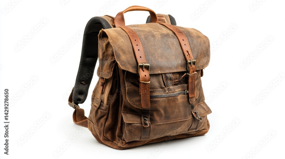 Naklejka premium Retro-inspired travel backpack with leather straps, durable zippers, and a rugged design, isolate on white background