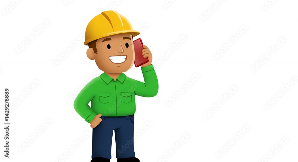 Smiling cartoon engineer talking on phone illustration