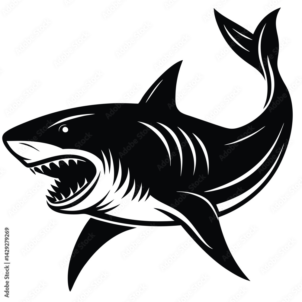 Fototapeta premium Aggressive Shark Black and White Vector Ocean Predator Art