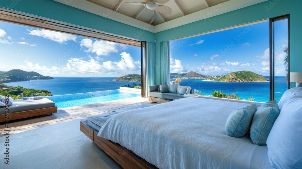 Fototapeta premium Luxurious bedroom with ocean view, infinity pool, island background; vacation rental