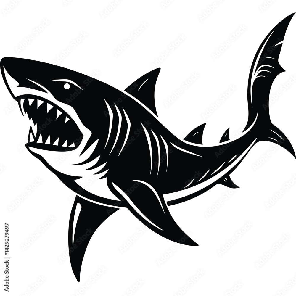 Fototapeta premium Aggressive Shark Black and White Vector Ocean Predator Art
