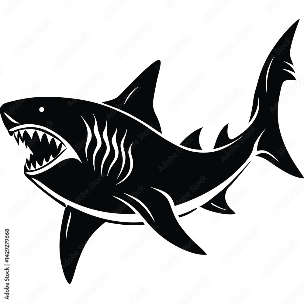 Obraz premium Aggressive Shark Black and White Vector Ocean Predator Art