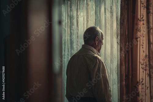 Elderly Man in Striped Shirt Gazing Through Sheer Curtains