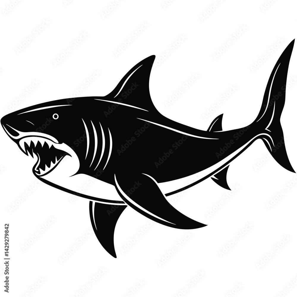 Fototapeta premium Aggressive Shark Black and White Vector Ocean Predator Art