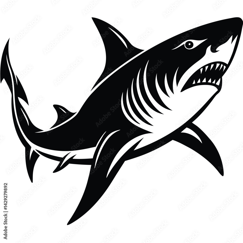 Obraz premium Aggressive Shark Black and White Vector Ocean Predator Art