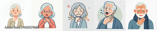 senior people with sore throat vector set
