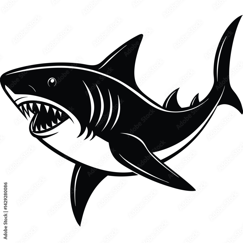 Fototapeta premium Aggressive Shark Black and White Vector Ocean Predator Art