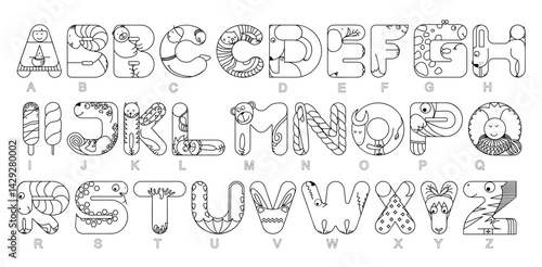 Letters. Alphabet. ABC for kids.  Fun Font.  English learning. Creative Alphabetical order. Language arts. Coloring Worksheet at school, home. Sketch vector illustration