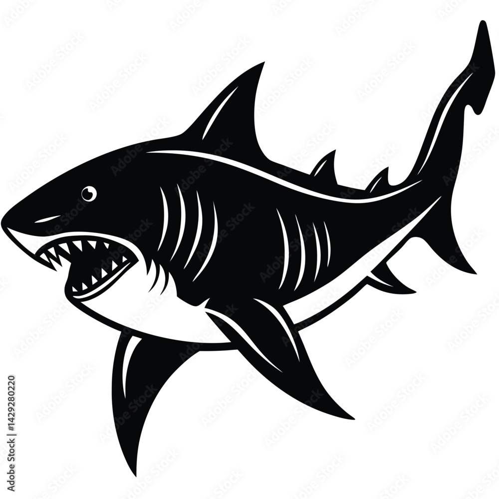 Fototapeta premium Aggressive Shark Black and White Vector Ocean Predator Art