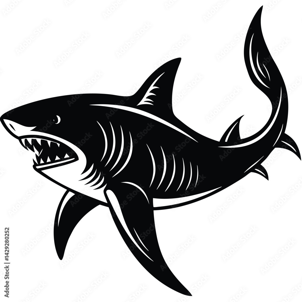 Fototapeta premium Aggressive Shark Black and White Vector Ocean Predator Art