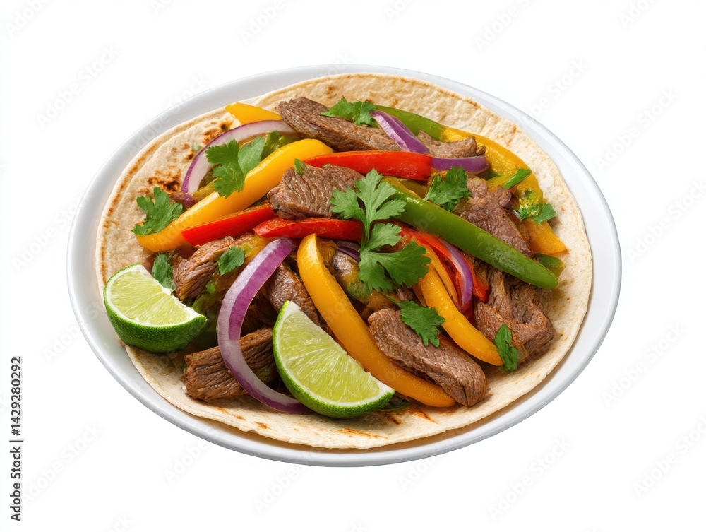 Beef fajita with lime on a tortilla isolated on white background Beef fajita with lime on a tortilla isolated on white background