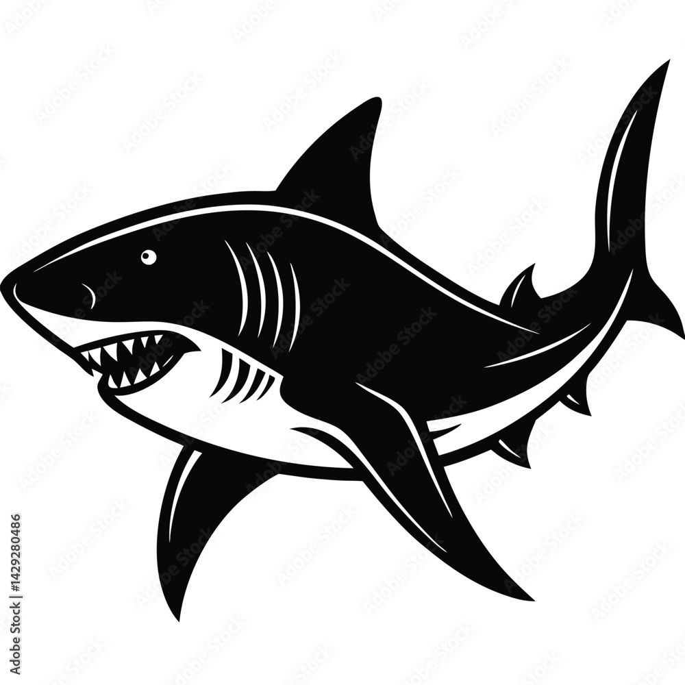 Fototapeta premium Aggressive Shark Black and White Vector Ocean Predator Art