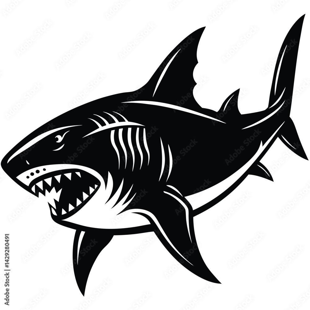 Fototapeta premium Aggressive Shark Black and White Vector Ocean Predator Art