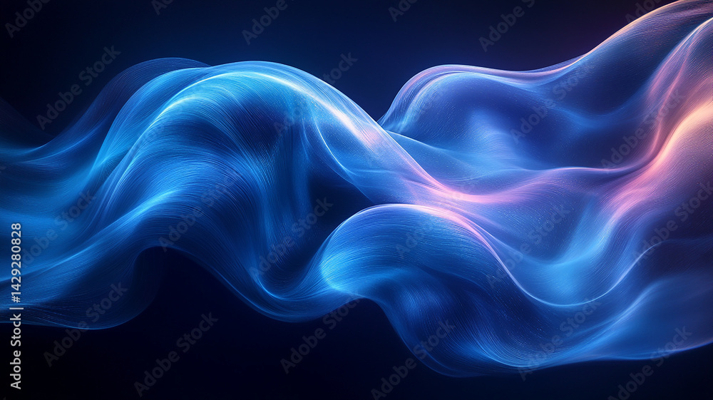 Abstract flowing waves on dark backdrop featuring blue and pink hues and light streaks Abstract flowing waves on dark backdrop featuring blue and pink hues and light streaks