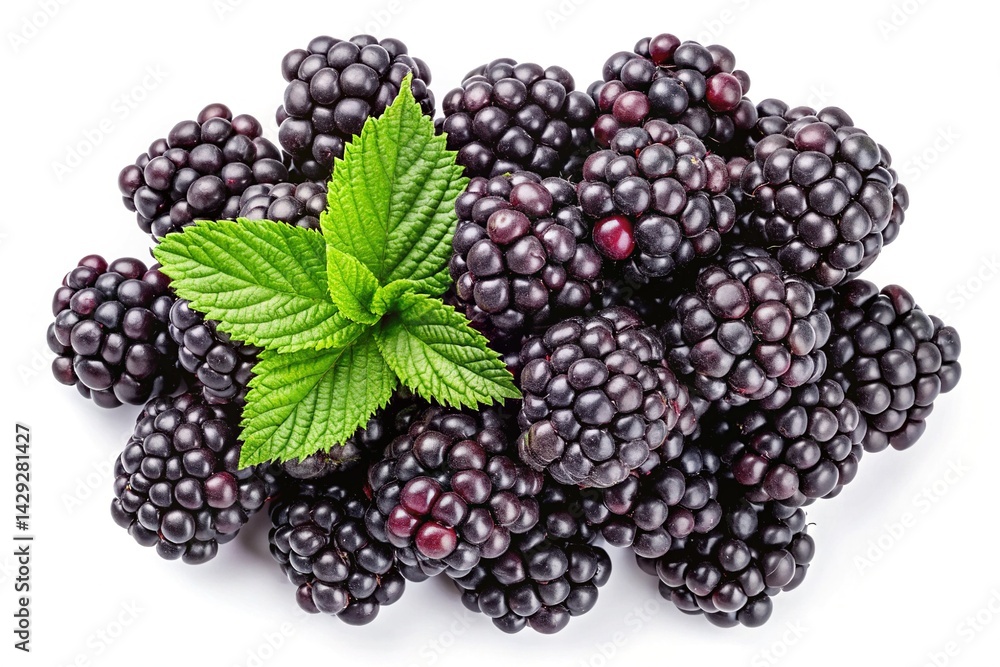 Heap of Fresh Blackberries Garnished with Green Mint Leaves on White Surface Heap of Fresh Blackberries Garnished with Green Mint Leaves on White Surface
