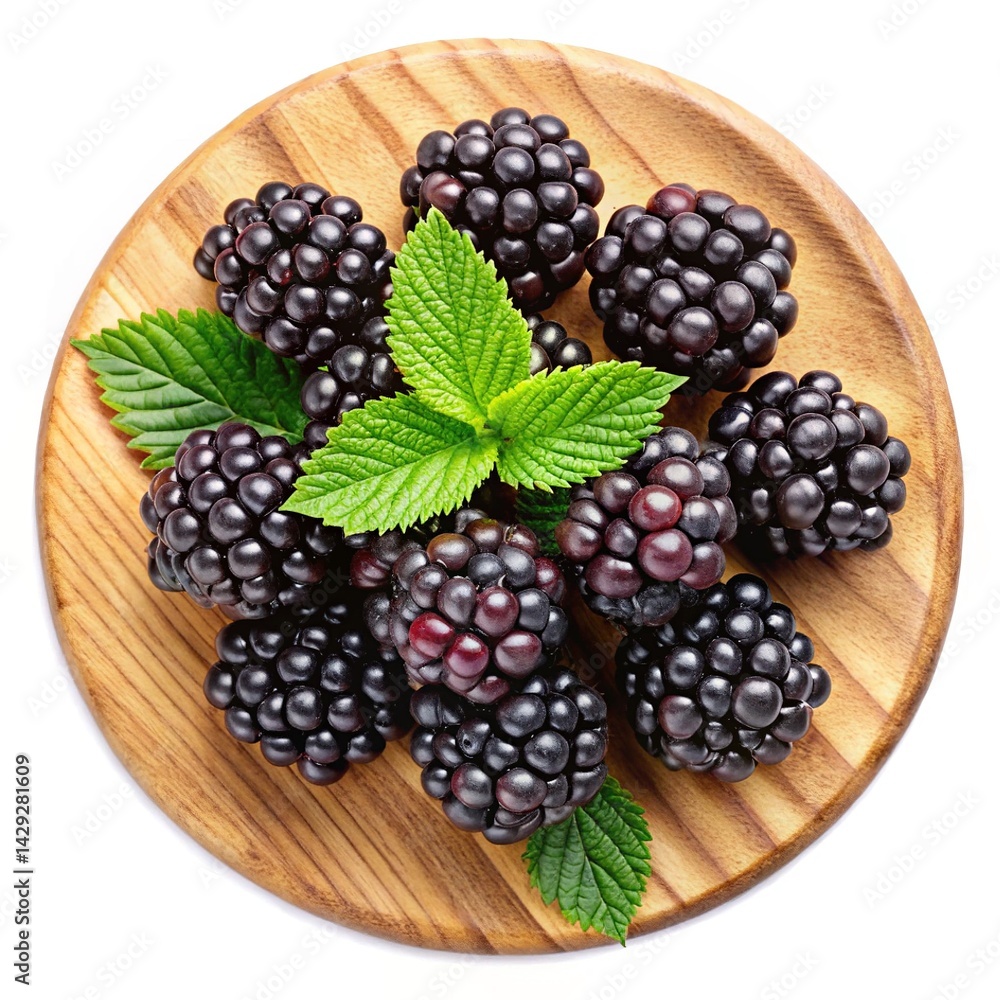 Fresh blackberries and mint leaves on a round wooden board, top view Fresh blackberries and mint leaves on a round wooden board, top view