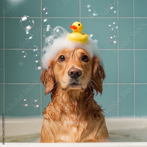 A golden haired dog, with soap bubbles on its head, sits in a bathtub with water and foam. There is a rubber duck on its hair. Bubbles float around it