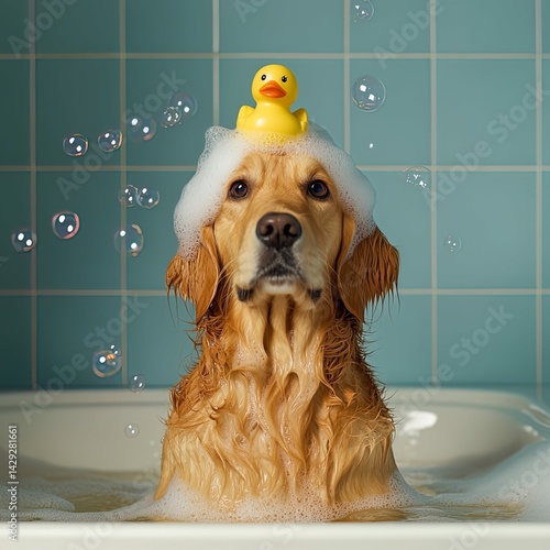A golden haired dog, with soap bubbles on its head, sits in a bathtub with water and foam. There is a rubber duck on its hair. Bubbles float around it