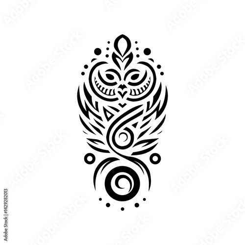 A tribal owl tattoo vector illustration with sharp lines and symmetrical