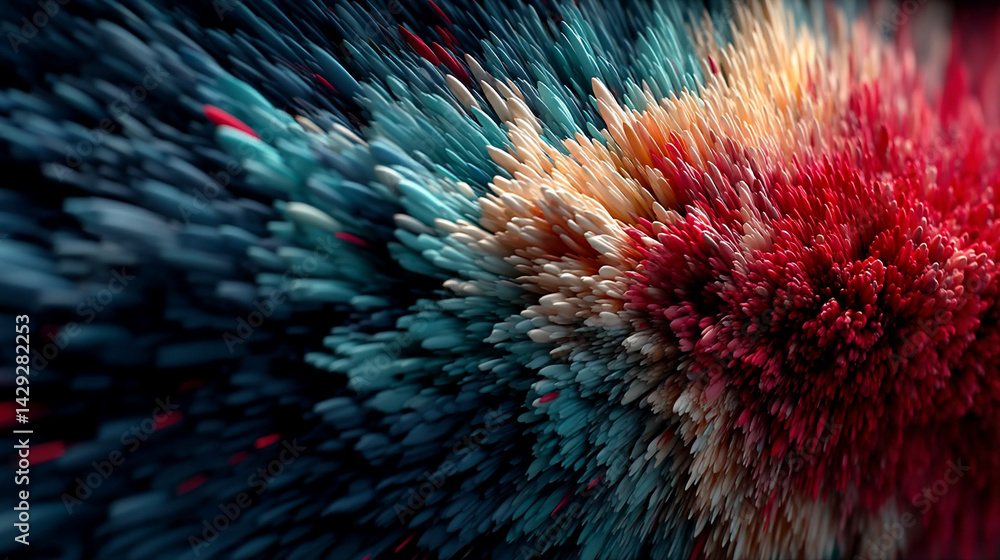 Abstract red, pink, and blue energy burst fills the entire background, symbolizing speed, motion, and creative force—like a lightspeed journey through emotion, technology, and transformation.