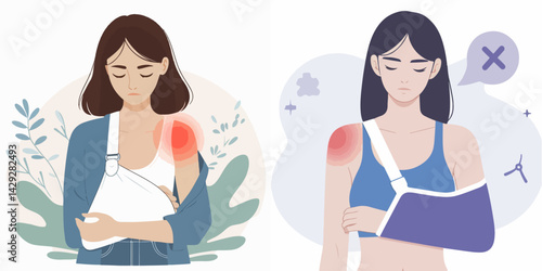 young woman vector set with shoulder injury