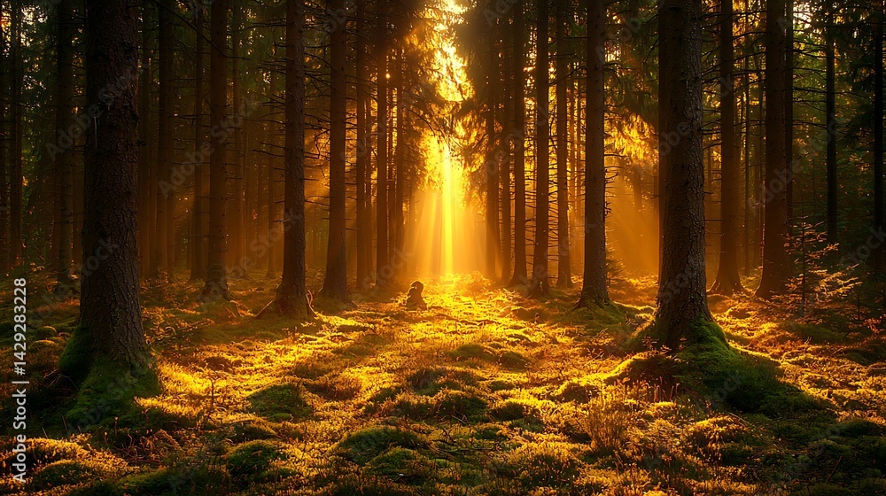 Obraz premium Golden sunlight streams through a dense forest